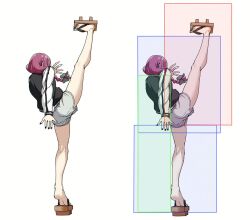 1girl black_jacket bocchi_the_rock! braid fatal_fury fighting_game full_body geta high_kick hiroi_kikuri hitbox jacket kicking long_hair multicolored_jacket multiple_views purple_hair short_shorts shorts torako_(toramaru) two-tone_jacket white_jacket white_shorts