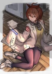 1girl absurdres agnes_tachyon_(umamusume) ahoge animal_ears ankle_boots black_necktie black_shirt boots brown_hair brown_pantyhose buttons collared_shirt full_body grin hair_between_eyes high_heel_boots high_heels highres holding holding_test_tube horse_ears horse_girl indoors lab_coat lapels looking_at_viewer medium_hair necktie on_floor pantyhose paper pen red_eyes rottenpizza shirt shirt_under_sweater short_necktie sidelocks sitting sleeves_past_fingers sleeves_past_wrists smile solo sweater_vest test_tube umamusume very_long_sleeves white_boots wide_sleeves wooden_floor yellow_sweater_vest zipper