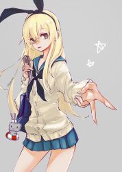 1girl alternate_costume bag bag_charm black_neckerchief blonde_hair blue_sailor_collar blue_skirt brown_eyes cardigan charm_(object) grey_background hair_between_eyes highres kantai_collection kusomisoni long_hair long_sleeves looking_at_viewer miniskirt neckerchief pleated_skirt rensouhou-chan sailor_collar school_bag shimakaze_(kancolle) simple_background skirt solo star_(symbol) tongue tongue_out twitter_username v yellow_cardigan