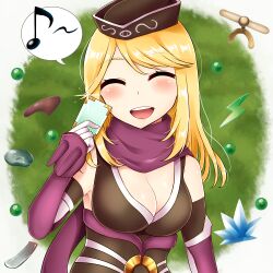 1girl blonde_hair blush breasts brown_hat brown_leotard card cleavage closed_eyes commentary_request elbow_gloves gloves guillotine_cross_(ragnarok_online) hat highres holding holding_card large_breasts leotard long_hair mio1030 musical_note open_mouth purple_scarf ragnarok_online scarf smile solo spoken_musical_note teeth upper_body upper_teeth_only white_gloves