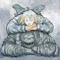 blonde_hair caiman_(dorohedoro) dorohedoro dot_nose gloves highres lizard lying lying_on_person on_stomach plastiboo sharp_teeth shoes smile sneakers teeth