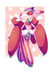 1girl antennae arthropod_girl arthropod_limbs colored_sclera colored_skin full_body furry furry_female game_freak gen_7_pokemon highres looking_to_the_side loyaldis lurantis mantis_girl nintendo pink_background pink_sclera pink_skin pokemon pokemon_(creature) praying_mantis red_eyes simple_background solo standing striped_clothes white_skin