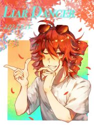 1girl ahoge alternate_costume androgynous anniversary dated drill_hair eyewear_on_head fingernails flat_chest grin hair_between_eyes hand_on_own_face hands_up highres kasane_teto l_hand leaf liar_dancer_(synthesizer_v) light_blush looking_at_viewer one_eye_closed red_eyes red_hair red_leaf red_nails shirt short_sleeves shunyechu smile solo sunglasses twin_drills upper_body utau white_background white_shirt