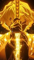 Rule 34 | 1boy, agatsuma zenitsu, blonde hair, closing eyes, glowing, highres, holding, holding sword, holding weapon, katana, kimetsu no yaiba, sword, weapon