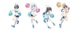 4girls absurdres alternate_costume alternate_hairstyle animal_ears arm_strap arm_up armpits arms_up bare_shoulders bike_shorts black_hair black_shorts blue_archive blue_bow blue_bowtie blue_collar blue_halo blush bow bowtie breasts brown_hair cheerleader cleavage closed_mouth clothes_lift collar crop_top dimples_of_venus drooling eien_no_24-sai_no_shakai_hito fake_animal_ears flying_sweatdrops full_body glasses green_collar green_eyes green_halo green_hat grey_halo hair_bow halo hand_up hands_up hat highres holding holding_pom_poms kneehighs knees_together_feet_apart large_breasts leaf leaf_in_hair leaf_on_head long_hair looking_at_viewer medium_breasts medium_hair midriff miyako_(blue_archive) miyu_(blue_archive) moe_(blue_archive) multiple_girls navel nose_blush open_mouth orange_eyes orange_halo pleated_skirt pom_pom_(cheerleading) pom_poms ponytail purple_eyes rabbit_ears rabbit_platoon_(blue_archive) round_eyewear saki_(blue_archive) shorts side_ponytail simple_background skirt skirt_lift small_breasts smile socks standing standing_on_one_leg tearing_up teeth thighhighs twintails visor_cap white_background white_hair white_skirt white_sneakers white_socks white_thighhighs wrist_cuffs
