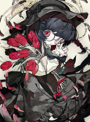 1girl absurdres black_dress black_hair black_hat blue_hair braid dress flower glasses hat highres holding holding_flower looking_at_viewer medium_hair open_mouth original red_eyes red_flower smile solo soresaki twin_braids upper_body white_background white_sleeves