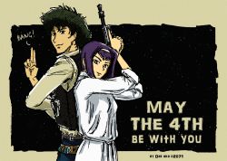 1boy 1girl blaster_(star_wars) cosplay cowboy_bebop d2071 faye_valentine han_solo han_solo_(cosplay) princess_leia_(cosplay) princess_leia purple_hair spike_spiegel star_wars tagme