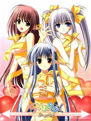 00s ahoge blue_hair brown_eyes brown_hair highres lisianthus naked_ribbon nerine nishimata_aoi official_art pointy_ears primula purple_eyes red_eyes ribbon shuffle! suzuhira_hiro twintails