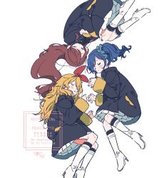 3girls aikatsu! aikatsu!_(series) black_jacket blonde_hair blue_hair blush boots bow brown_hair closed_eyes commentary_request footwear_bow hair_bow hazime high_heel_boots high_heels highres hoshimiya_ichigo jacket kiriya_aoi knee_boots long_hair long_sleeves lying multiple_girls on_side one_side_up pleated_skirt red_bow school_uniform scrunchie shibuki_ran simple_background skirt starlight_academy_school_uniform white_background white_boots white_skirt