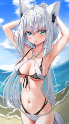 1girl ahoge animal_ear_fluff animal_ears armpits arms_up beach bikini black_bikini blush braid breasts cleavage cloudy_(wuthering_waves) commentary fox_ears fox_girl fox_tail green_eyes hair_between_eyes hair_tie_in_mouth highres hololive layered_bikini long_hair looking_at_viewer medium_breasts mouth_hold navel ocean outdoors shirakami_fubuki sidelocks single_braid solo swimsuit tail tying_hair virtual_youtuber white_bikini white_hair yuno_usagi