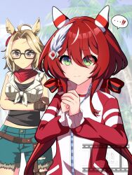 Rule 34 | !, !!, ..., 2girls, ahoge, alternate costume, animal ears, breasts, brown eyes, brown hair, closed mouth, commentary request, glasses, green eyes, hair between eyes, hair ornament, horse girl, jacket, long hair, looking at viewer, low twintails, meineko lui, multiple girls, small breasts, track jacket, tucker bryne (umamusume), twintails, umamusume, win variation (umamusume)