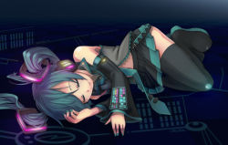 1girl aqua_hair aqua_nails bad_id bad_pixiv_id boots closed_eyes detached_sleeves female_focus hatsune_miku headphones kaida_michi long_hair lying nail_polish navel necktie on_side prezzo skirt sleeping solo thigh_boots thighhighs twintails vocaloid zettai_ryouiki