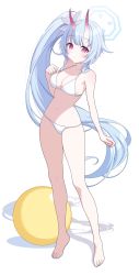 1girl absurdres bad_id bad_twitter_id ball bare_arms bare_shoulders barefoot beachball bikini blue_archive blue_hair breasts chise_(blue_archive) cleavage closed_mouth full_body hair_ribbon halo halterneck highres horns long_hair looking_at_viewer medium_breasts navel oni_horns pn_(wnsl216) red_eyes ribbon side_ponytail simple_background solo standing stomach string_bikini swimsuit thighs very_long_hair white_background white_bikini