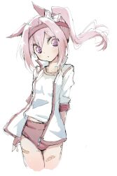 Rule 34 | 10011018, 1girl, animal ears, bandaid, bandaid on leg, blush, bow, buruma, commentary request, cropped legs, ear covers, fingerless gloves, flower-shaped pupils, gloves, gym uniform, haru urara (umamusume), headband, highres, horse ears, horse girl, jacket, long hair, parted lips, pink hair, ponytail, red buruma, red gloves, red headband, shirt, solo, symbol-shaped pupils, track jacket, umamusume, white background, white bow, white jacket, white shirt