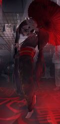 1girl :d absurdres black_hair black_kimono blood blood_on_face commentary dripping eye_in_palm fox_mask fox_statue full_body hand_over_eye hand_tattoo hatsune_miku highres holding holding_umbrella impossible_architecture japanese_clothes kamatoyu kimono leg_up long_hair long_sleeves looking_at_viewer mask mask_on_head musunde_hiraite_rasetsu_to_mukuro_(vocaloid) no_shoes obi oil-paper_umbrella open_mouth red_eyes red_sash red_umbrella sash shouji sliding_doors smile socks solo_focus standing statue tabi tattoo traditional_youkai twintails umbrella umbrella_over_shoulder very_long_hair vocaloid white_socks wide-eyed wide_sleeves