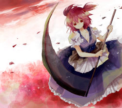 1girl bad_id bad_pixiv_id breasts cleavage dress female_focus flower gradient_background hair_bobbles hair_ornament ichitaro large_breasts nature onozuka_komachi outdoors plant red_eyes red_hair scythe short_hair sky solo touhou twintails two_side_up white_background
