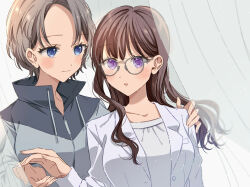 2girls blue_eyes breasts brown_hair glasses highres large_breasts long_hair multiple_girls original purple_eyes rococomm123 short_hair yuri