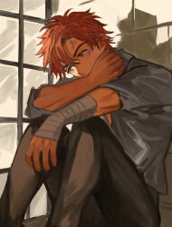 1boy arm_up bandaged_arm bandages black_pants bruise bruise_on_face collared_shirt commentary_request covered_mouth covering_own_mouth curtained_hair enononono6 feet_out_of_frame fire_emblem fire_emblem:_three_houses grey_shirt injury looking_to_the_side male_focus nintendo pants red_eyes red_hair shirt short_hair sitting solo sylvain_jose_gautier window