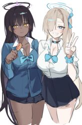 2girls absurdres aqua_bow aqua_bowtie asuna_(blue_archive) asuna_(school_uniform)_(blue_archive) asymmetrical_bangs black_choker black_hair black_skirt blue_archive blue_cardigan bow bowtie breasts brown_hair cardigan choker cleavage corn_dog dark-skinned_female dark_skin food gyaru hair_over_one_eye halo highres holding holding_food karin_(blue_archive) karin_(school_uniform)_(blue_archive) kogal large_breasts long_hair looking_at_viewer loose_bowtie multiple_girls official_alternate_costume one_eye_covered open_collar scrunchie shirt simple_background siwa_(st_ekfrlfkep) sketch skirt straight_hair thighs v very_long_hair white_background white_shirt wrist_scrunchie