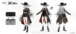 1girl ambience_synesthesia animal_ears arknights artist_name asymmetrical_gloves bag black_boots black_gloves black_shirt boots brown_coat brown_shorts chinese_commentary coat commentary_request copyright_name from_behind gloves gradient_hair grey_eyes grey_gloves grey_hair handbag hat highres lappland_(arknights) long_hair long_sleeves looking_at_viewer messy_hair multicolored_hair multiple_views official_art open_clothes open_coat parted_lips reference_sheet shirt shorts sidelocks smile tail white_hair wolf_ears wolf_girl wolf_tail yyb