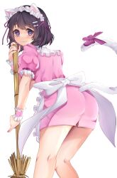 1girl animal_ears apron ass bare_legs black_hair blush bow breasts broom cat_ears cat_girl cat_tail closed_mouth dot_nose dress embarrassed eyebrows_hidden_by_hair eyelashes feet_out_of_frame female_focus fingernails frilled_apron frills from_behind hanekawa_tsubasa holding holding_broom large_breasts leaning_forward long_fingernails looking_at_viewer looking_back maid maid_apron maid_headdress meemz_a monogatari_(series) nail_polish pink_bow pink_dress pink_nails purple_eyes short_hair short_sleeves simple_background solo standing tail tail_bow tail_ornament wavy_mouth white_apron white_background