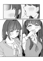 Rule 34 | 2girls, :q, absurdres, bare shoulders, blush, breasts, cardigan, closed mouth, clothing cutout, collared shirt, commentary, dress, dress shirt, fujishima megumi, fujishima megumi (winter loungewear), greyscale, heart, highres, large breasts, link! like! love live!, liz (piyoko piyop), long hair, long sleeves, love live!, monochrome, multiple girls, official alternate costume, open mouth, otomune kozue, otomune kozue (winter loungewear), parted lips, pinafore dress, saliva, saliva trail, shirt, shoulder cutout, sleeveless, sleeveless dress, tongue, tongue out, translation request, two side up, v-shaped eyebrows, yuri