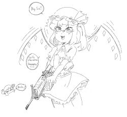 2girls aiyaka_kurenai alt_text ascot collared_shirt commentary crystal crystal_wings english_commentary english_text fang flandre_scarlet greyscale gun hat head_only holding holding_gun holding_weapon long_hair mob_cap monochrome multiple_girls one_side_up open_mouth remilia_scarlet shirt short_sleeves sketch skirt smile speech_bubble touhou vest weapon weapon_request wings
