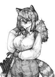 Rule 34 | 1girl, absurdres, animal ears, arknights, bags under eyes, breasts, buttons, chinese commentary, claws, closed mouth, collared shirt, commentary request, cowboy shot, cross tie, dress shirt, freckles, greyscale, hair between eyes, hatching (texture), highres, linear hatching, long sleeves, looking at viewer, medium breasts, medium hair, monochrome, ponytail, robin (honkai: star rail), shirt, shorts, simple background, solo, standing, tail, three-dimensional maneuver gear, white background, xingyun mantle