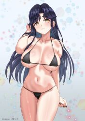 1girl absurdres bikini black_hair black_nails breasts breasts_apart closed_mouth collarbone commentary_request cowboy_shot dolphin_wave highres kenja_panda kurokuchi_muru large_breasts long_hair looking_at_viewer micro_bikini mole mole_under_eye navel simple_background smile solo standing stomach swimsuit thighs white_background yellow_eyes