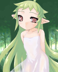 1girl arms_behind_back bad_id blush closed_mouth cowboy_shot dress expressionless forest gogatsu_no_hito green_background green_hair lif_(ragnarok_online) long_hair looking_at_viewer lowres nature pointy_ears ragnarok_online short_bangs solo sundress very_long_hair white_dress
