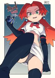 1girl beast_ball black_boots black_gloves boots border breasts chichibu_(watson) commentary commission earrings elbow_gloves english_text eyelashes from_below gloves green_eyes grey_panties holding holding_poke_ball jacket jewelry logo long_hair looking_down nintendo open_mouth orange_hair outside_border panties poke_ball pokemon pokemon_gsc shiny_skin signature skirt smile solo team_rocket team_rocket_grunt team_rocket_uniform teeth thank_you thigh_boots thighhighs tongue twintails underwear upper_teeth_only white_jacket white_skirt