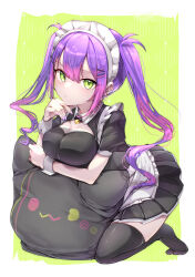 1girl alternate_costume apron black_dress black_thighhighs blush border breasts colored_inner_hair commentary dress ear_piercing enmaided eyelashes green_background green_eyes hair_ornament hairclip highres hololive kneeling long_hair looking_at_viewer maid maid_apron maid_day maid_headdress mikushu394 multicolored_hair nail_polish piercing pink_hair purple_hair purple_nails simple_background solo streaked_hair thighhighs tokoyami_towa twintails virtual_youtuber white_border