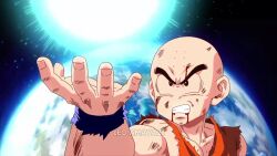 1boy bald bald_male black_eyes blood dragon_ball earth_(planet) genki_dama kuririn muscular muscular_male planet scratches serious solo