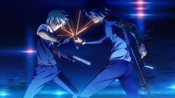 2boys assault_rifle asymmetrical_dual_wielding belt black_gloves black_hair black_necktie black_pants black_shirt black_vest brown_belt clone dual_wielding duel feet_out_of_frame fumio_(ura_fmo) gloves grey_hair grin grisaia_(series) grisaia_no_rakuen gun handgun highres holding holding_gun holding_knife holding_weapon kazami_yuuji kazami_yuuji_clone knife long_sleeves looking_at_another male_focus multiple_boys necktie night non-web_source outdoors pants parted_lips red_eyes rifle shirt short_hair smile sparks standing tactical_clothes vest waistcoat watch weapon white_shirt wristwatch