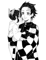 1boy 1girl 2boys 2girls bad_tag blue_butterfly blush bug butterfly couple demon earrings flower focus forehead greyscale haori hetero hug insect jacket japanese_clothes jewelry kamado_tanjirou kimono kochou_shinobu monochrome multiple_boys multiple_girls obi parted popcorn_(atm420) sash scarf skirt smile