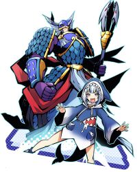 1boy 1girl armor blue_armor blue_eyes blue_hair blue_hoodie cowboy_shot crossover digimon digimon_(creature) fins gawr_gura gawr_gura_(1st_costume) head_fins highres holding holding_polearm holding_weapon hololive hololive_english hood hood_up hoodie merman mitosupa_(qsiqydfz7nesh9w) monster_boy neptunemon polearm simple_background virtual_youtuber weapon white_background