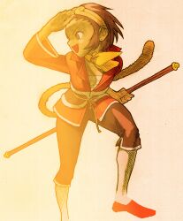 1girl arm_behind_back ascot bengus bo_staff brown_eyes brown_hair capcom game_cg highres looking_to_the_side marvel marvel_vs._capcom marvel_vs._capcom_2 monkey_girl monkey_tail non-web_source official_art sarashi scan short_hair sidelighting smile solo sonson staff tail