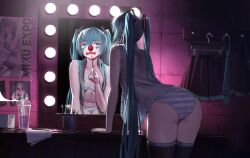 1girl applying_makeup applying_own_makeup arched_back arm_support ass bare_shoulders bent_over black_skirt black_sleeves black_thighhighs blue_eyes blue_hair blue_nails blue_necktie blue_panties blue_trim box bra breasts bubble_tea cardboard_box character_name character_signature cleavage closed_mouth clothes_hanger clown clown_nose collarbone collared_shirt commentary cowboy_shot cup dark detached_sleeves disposable_cup double-parted_bangs dressing dressing_room drinking_straw english_text floating_headgear frilled_shirt frilled_shirt_collar frills from_behind furrowed_brow grey_shirt hair_between_eyes hair_ornament half-closed_eyes hatsune_miku headgear highres holding holding_brush holding_makeup_brush indoors leaning_forward legs_together light_frown long_eyelashes long_hair looking_at_mirror makeup makeup_brush miniskirt mirror navel necktie open_clothes open_shirt panties paper partially_undressed photo_(object) poster_(object) reflection reflection_focus shirt sidelocks skindentation skirt sleeveless sleeveless_shirt small_breasts solo standing striped_bra striped_clothes striped_panties table thick_eyelashes thighhighs thighs twintails two-tone_bra two-tone_panties underwear unworn_clothes unworn_necktie unworn_skirt unworn_sleeves vertigris very_long_hair vocaloid white_panties