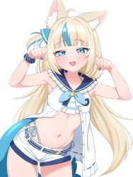 1girl absurdres animal_ear_fluff animal_ears aqua_bikini aqua_hair aqua_nails bikini bikini_under_shorts blonde_hair blue_eyes blush cat_ears cowboy_shot dress fins fish_girl fish_tail frilled_shirt_collar frills highres indie_virtual_youtuber long_hair looking_at_viewer mingkozus multicolored_hair navel open_mouth paw_pose sameko_saba short_shorts shorts side-tie_bikini_bottom simple_background sleeveless sleeveless_dress solo streaked_hair striped_bikini striped_clothes swimsuit tail virtual_youtuber white_background white_dress white_shorts