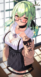 1girl antlers black-framed_eyewear branch breasts ceres_fauna cleavage dress flower glasses green_hair hair_flower hair_ornament highres hololive hololive_english horns large_breasts lessone long_hair looking_at_viewer mole mole_under_eye multicolored_hair rectangular_eyewear semi-rimless_eyewear solo sweater under-rim_eyewear virtual_youtuber yellow_eyes
