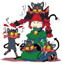 1girl animal_ears animal_hands bell bow braid cat_ears cat_paws cat_tail closed_eyes collar commentary_request creatures_(company) crossover dress furukawa_(yomawari) game_freak gen_7_pokemon green_dress hair_bow kaenbyou_rin kneeling litten multiple_tails neck_bell nintendo one_eye_closed open_mouth pokemon pokemon_(creature) pokemon_sm red_hair siblings sleeping striped tail touhou translation_request twin_braids two_tails yellow_eyes zzz