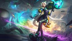 1girl absurdres alien animal_ears animal_hands ashes battle battle_bunny_miss_fortune battle_cat_jinx bell bodysuit boots cat cat_ears cat_paws city closed_eyes collar elbow_gloves energy_gun explosion eyeshadow felipemartini future gloves gun highres jacket jinx_(league_of_legends) league_of_legends light_rays long_hair m1_bazooka machine_gun makeup miss_fortune_(league_of_legends) monster neck_bell octopus official_art open_clothes open_jacket open_mouth pants rabbit ray_gun road rocket_launcher smile solo street tiger_stripes war weapon white_hair