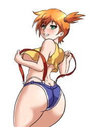 Rule 34 | 1girl, ass, blush, breasts, butt crack, denim, denim shorts, female focus, green eyes, grin, highres, leonart, looking at viewer, misty (pokemon), naughty face, nintendo, orange hair, panties, pokemon, pokemon (anime), pokemon (classic anime), ponytail, short hair, shorts, side ponytail, sideboob, smile, solo, strap pull, suspenders, thong, underboob, underwear, white panties