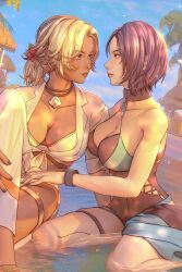 2girls bikini black_one-piece_swimsuit blonde_hair blue_hair breasts catherine_(fire_emblem) catherine_(summer)_(fire_emblem) cleavage dark-skinned_female dark_skin fire_emblem fire_emblem:_three_houses fire_emblem_heroes flower hair_flower hair_ornament highres irisl large_breasts looking_at_another multiple_girls nintendo official_alternate_costume one-piece_swimsuit ponytail shamir_nevrand shamir_nevrand_(summer) short_hair sitting smile swimsuit white_bikini