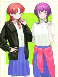 2girls adversarial_noise alternate_hairstyle black_jacket blue_skirt braid clothes_around_waist collared_shirt commentary_request copyright_name cowboy_shot dress_shirt fujii_ayame futsuu_no_keion-bu grid_background hairstyle_switch hand_on_own_hip hand_up highres jacket looking_at_viewer medium_hair mmmygp mole mole_under_eye multiple_girls neck_ribbon open_clothes open_jacket pink_sweater pleated_skirt purple_eyes purple_hair red_eyes red_hair red_ribbon ribbon school_uniform shirt shirt_tucked_in skirt small_sweatdrop smile sweater sweater_around_waist twin_braids twintails uchida_momo white_shirt wolf_cut