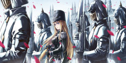 Rule 34 | 1girl, absurdres, armor, blonde hair, blue eyes, breasts, character request, eyebrows hidden by hair, fish.boy, hair between eyes, hat, helmet, highres, holding, holding weapon, long hair, looking at viewer, mask, military, military hat, military uniform, mist sequence, open mouth, weapon