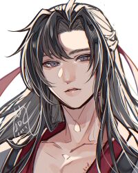 1boy absurdres ahoge bishounen black_hair black_hanfu chest_tattoo chinese_clothes coat collarbone dated grey_coat grey_eyes hair_down hair_ribbon half_updo hanfu highres long_hair looking_at_viewer male_focus modao_zushi official_alternate_costume official_alternate_hairstyle open_clothes open_coat parted_lips portrait red_ribbon ribbon signature simple_background solo tattoo tsubame-shi_(tubame) upper_body wei_wuxian wei_wuxian_(yiling_laozu) white_background