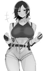 Rule 34 | 1girl, belt, breasts, clash kuro neko, crop top, elbow gloves, female focus, fingerless gloves, gloves, grin, highres, jacket, kazama asuka, large breasts, looking at viewer, midriff, monochrome, namco, navel, short hair, sleeveless, sleeveless jacket, smile, solo, teeth, tekken, white background