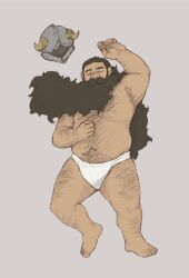 1boy armpits bara beard briefs dungeon_meshi dwarf facial_hair fake_horns from_above full_body hairy helmet highres horned_helmet horns large_pectorals long_beard lying male_focus male_underwear mustache nipples on_back pectorals professor_fluff senshi_(dungeon_meshi) sleeping solo sparse_chest_hair thick_arm_hair thick_leg_hair thick_mustache thick_navel_hair thick_thighs thighs topless_male underwear unworn_headwear unworn_helmet very_long_beard