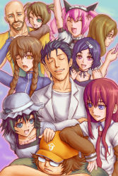 4boys 6+girls akiha_rumiho amane_suzuha black_hair braid brown_hair everyone facial_hair faris_nyannyan glasses hair_ornament hairclip hashida_itaru hat jacket kiryuu_moeka lab_coat long_hair makise_kurisu masa0321 masa_tarou multiple_boys multiple_girls necktie okabe_rintarou pink_hair shiina_mayuri steins;gate stubble tennouji_nae tennouji_yuugo twin_braids urushibara_ruka